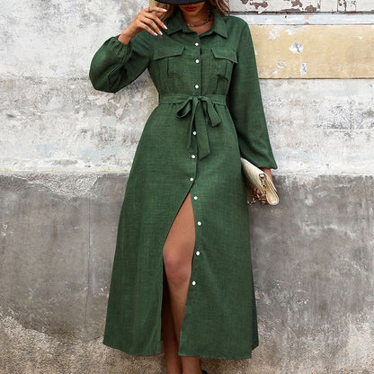 Damen Hemdblusenkleid Langarm mit Gürtel und Schlitz