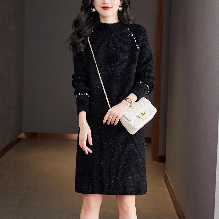 Damen Strickkleid mit Perlenakzent Elegantes Damenkleid