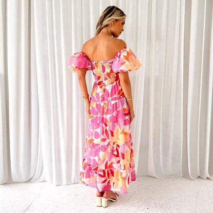Damen Maxikleid Schulterfreies Design Puffärmel Eveloria
