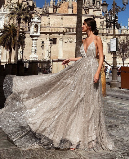 Damen Abendkleid Tüll V-Ausschnitt Schimmernd Eveloria