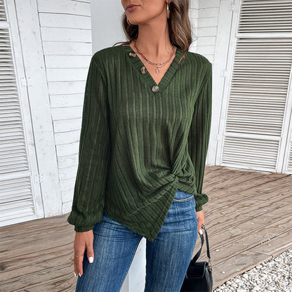 Damen Langarmshirt V-Ausschnitt Dekorative Knöpfe Schwarz Eveloria - Eveloria