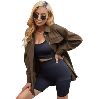Damen Oversized Hemdenjacke Weich Softtaschen Beige