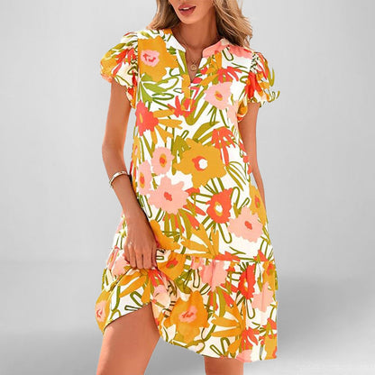 Damen Kleid Kurzarm Fließend Rüschensaum Eveloria