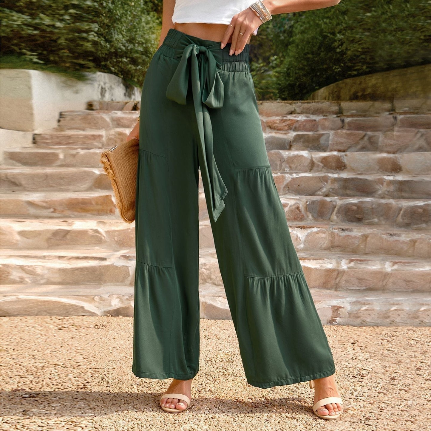 Damen Hose Hochbund Bindegürtel Weites Bein Sommerhose