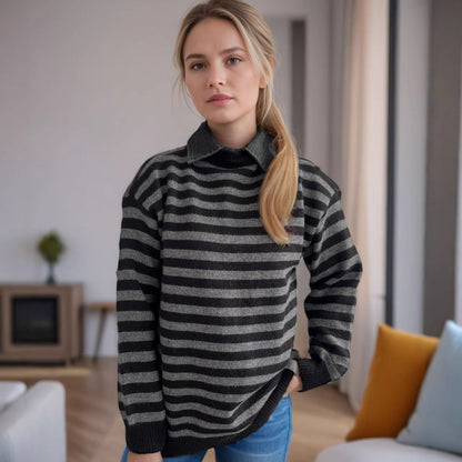 Damen Oversized Pullover Streifenmuster Lässig Beige