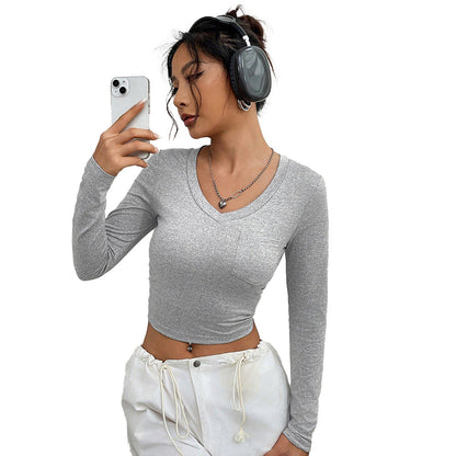 Damen Langarmshirt V-Ausschnitt Baumwolle Figurbetont Eveloria