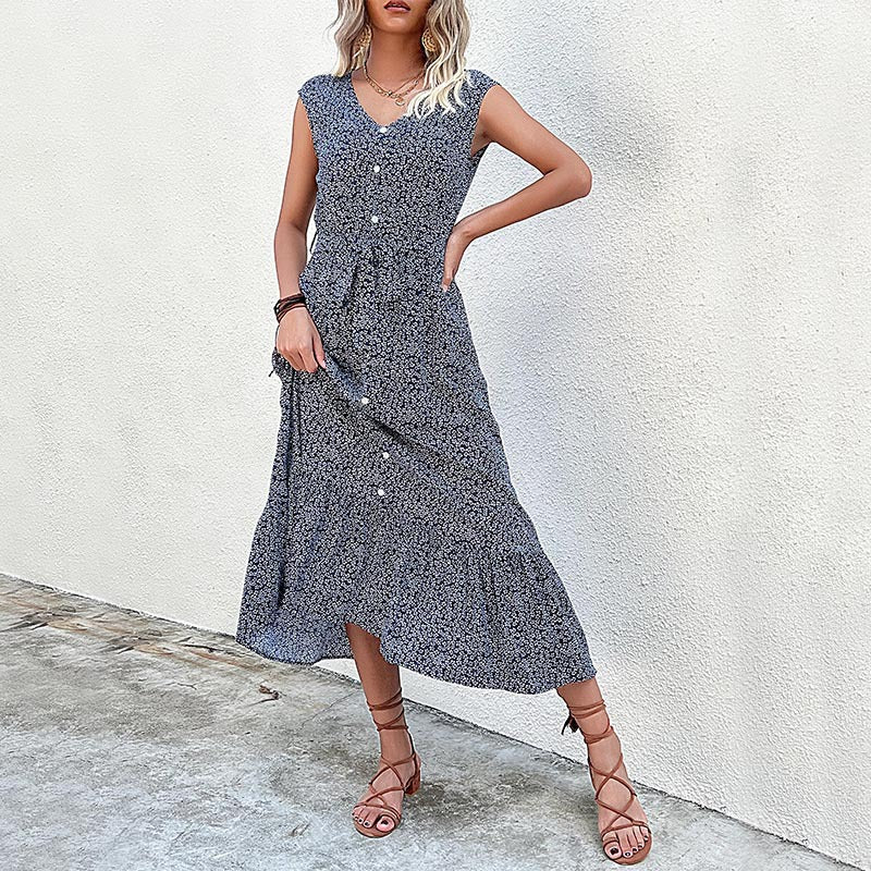 Eveloria Damen Midi-Kleid Rüschen Knopfdesign