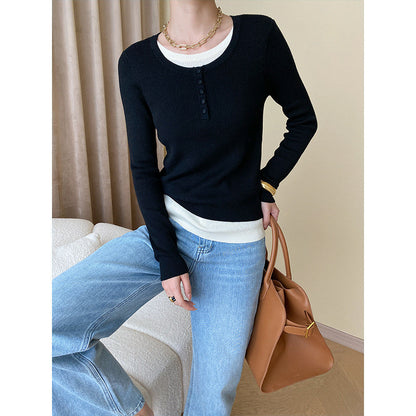 Damen Langarmshirt V-Ausschnitt Knopfdetails Weiße oder Dunkle Farben - Eveloria