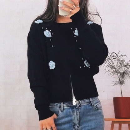 Damen Strickpullover mit Blumenapplikationen und Perlen