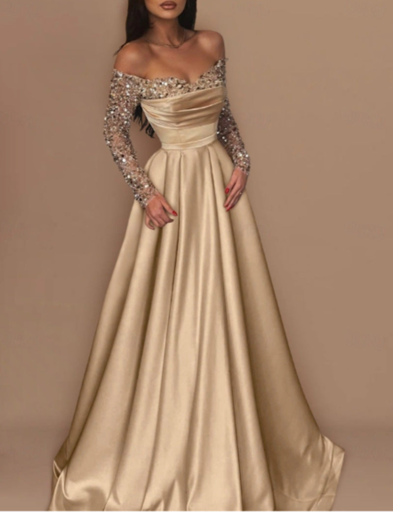 Damen Ballkleid Schimmerndes Oberteil Bestickte Ärmel Eveloria