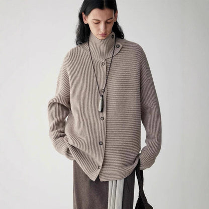 Damen Grobstrickcardigan Hochkragen Knopfleiste Beige