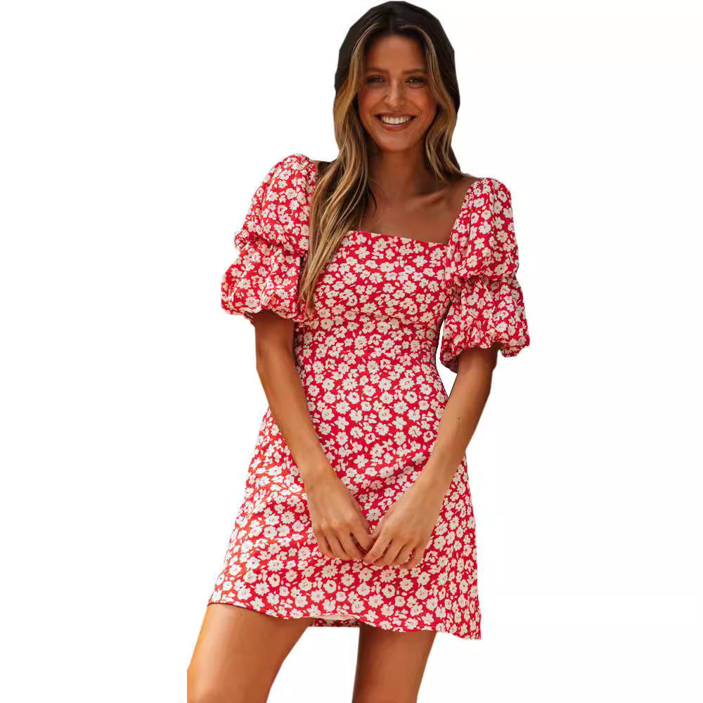 Damen Minikleid Puffärmel Floralmuster Eveloria