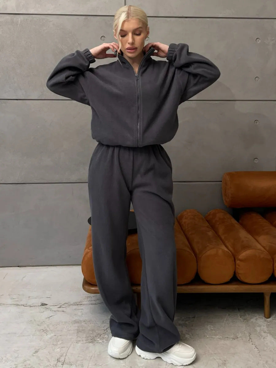 Damen Fleece Trainingsanzug Hochkragen Reißverschluss Eveloria
