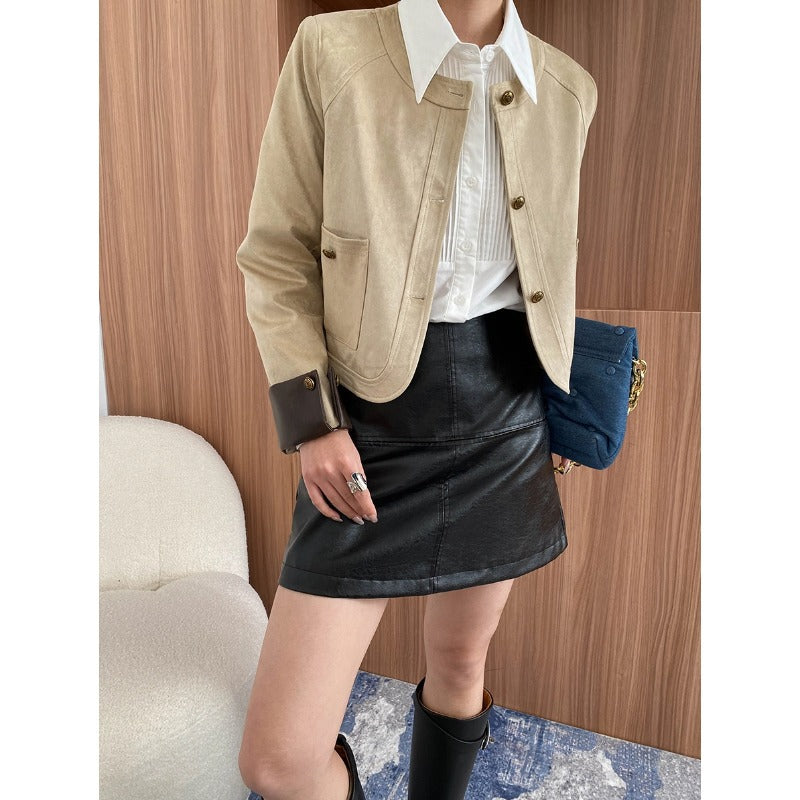 Damen Wildlederjacke Elegante Knopffreie Vorderseite