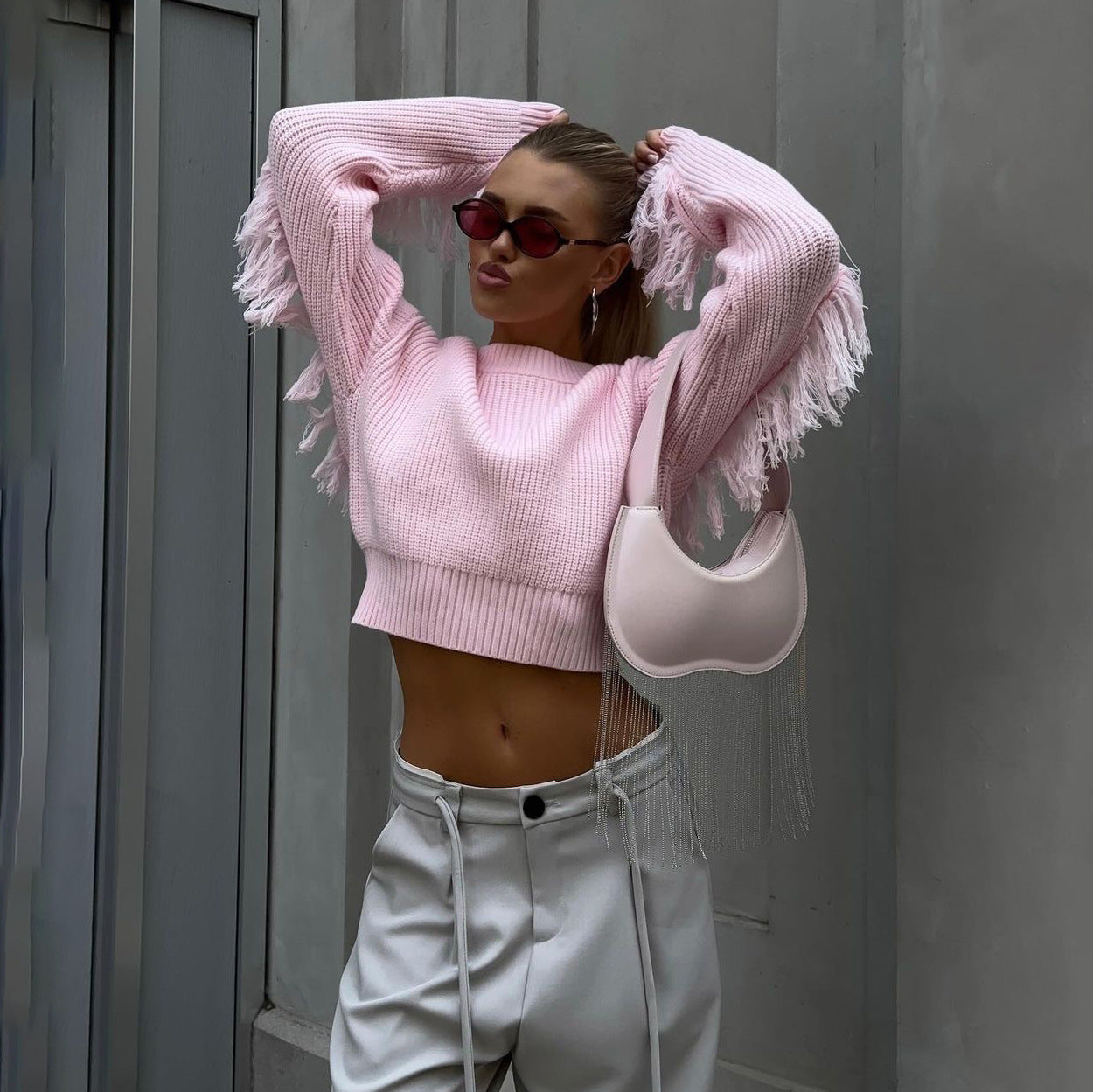 Damen Crop-Pullover mit Fransen Eveloria