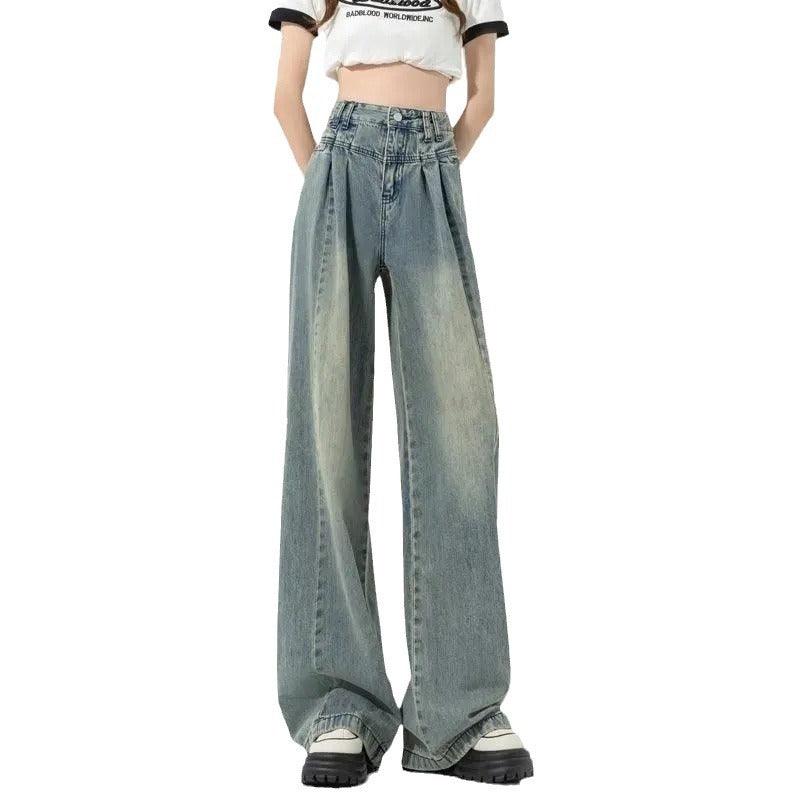 Damen Hochtaillierte Weite Jeans mit Falten Eveloria → Damen