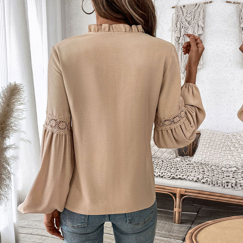 Damen Longbluse Spitzenakzente Feine Falten Elégant Weiß