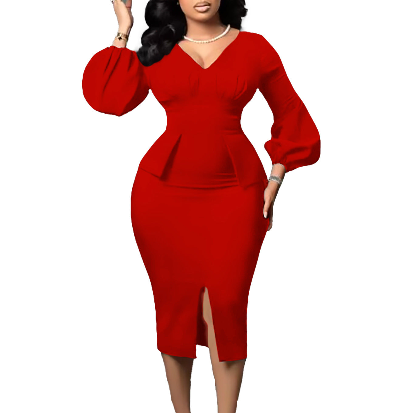 Damen Midi-Kleid Figurbetont Puffärmel Eveloria