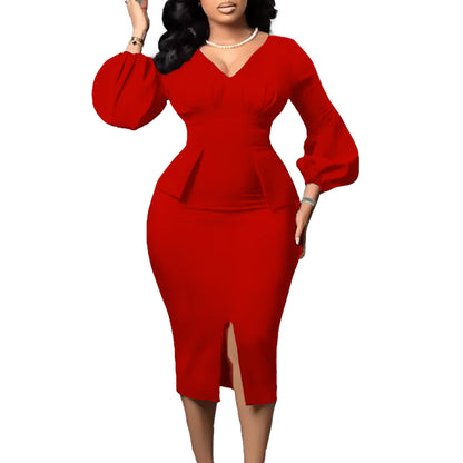 Damen Midi-Kleid Figurbetont Puffärmel Eveloria