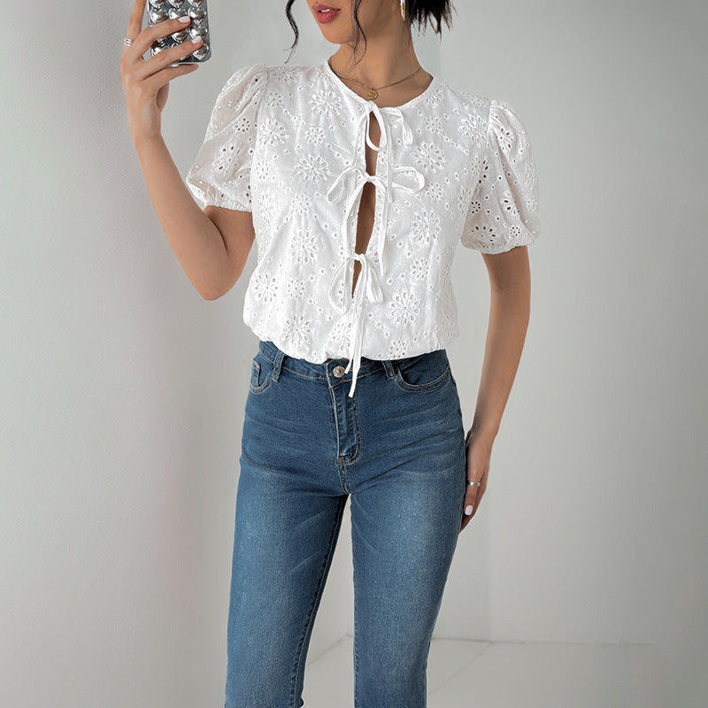 Damen Bluse Puffärmel Blumenmuster Kordelzug