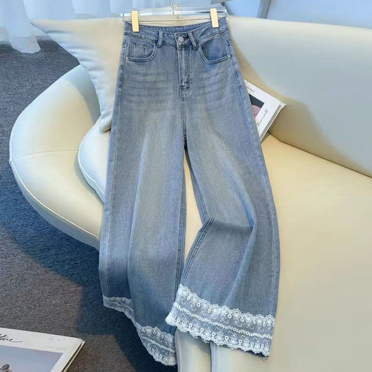 Damen Jeans Weit mit Spitzenbesatz Eveloria - Eveloria