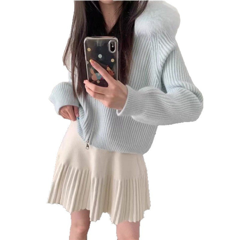 Damen Rippenstrickjacke Soft mit Pelzkragen Eveloria