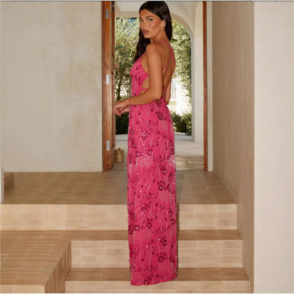 Damen Maxikleid V-Ausschnitt mit Applikationen Eveloria
