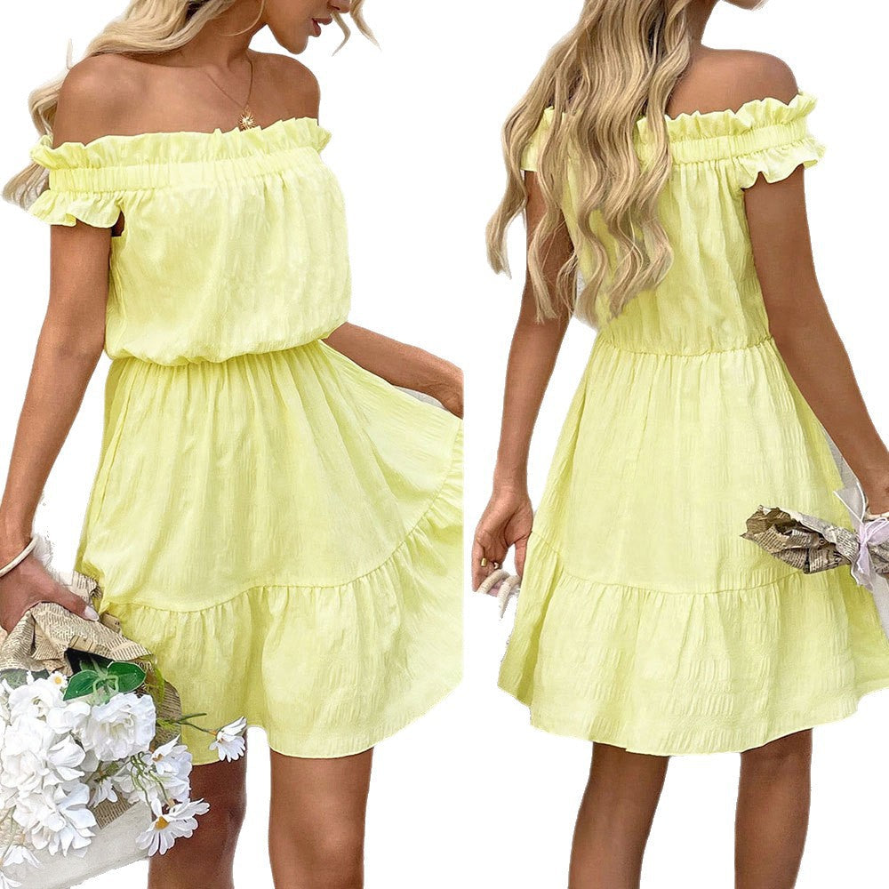 Damen Sommerkleid Kurz Rüschensaum Schulterfrei