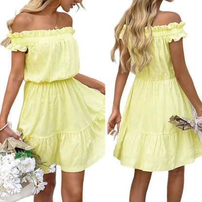 Damen Sommerkleid Kurz Rüschensaum Schulterfrei
