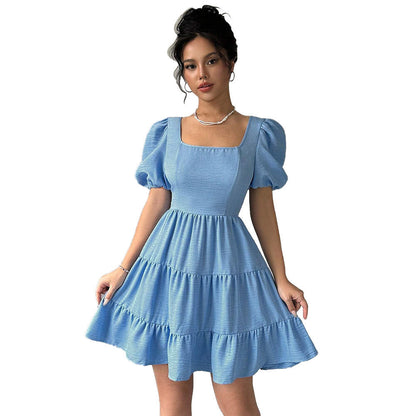Damen Kleid Puffärmel Gestufter Saum Eveloria