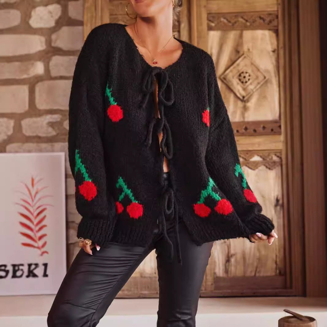 Damen Strickjacke Kirschmuster Mit Kordelzug