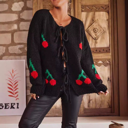 Damen Strickjacke Kirschmuster Mit Kordelzug