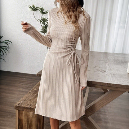 Damen Midikleid Raffungseffekt Bindegurt Eveloria