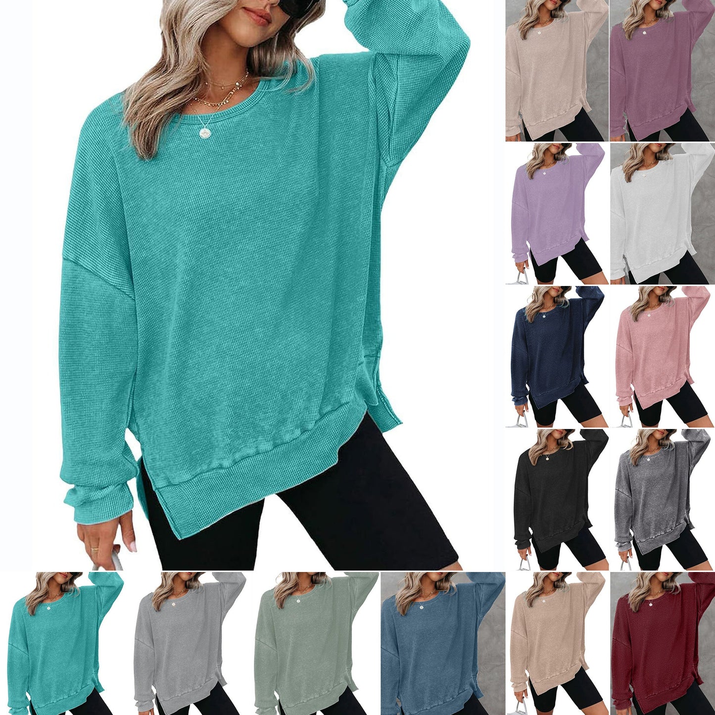 Damen Waffelpullover Lässig Mit Seitenschlitzen Grau Eveloria - Eveloria