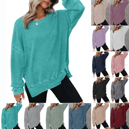 Damen Waffelpullover Lässig Mit Seitenschlitzen Grau Eveloria - Eveloria
