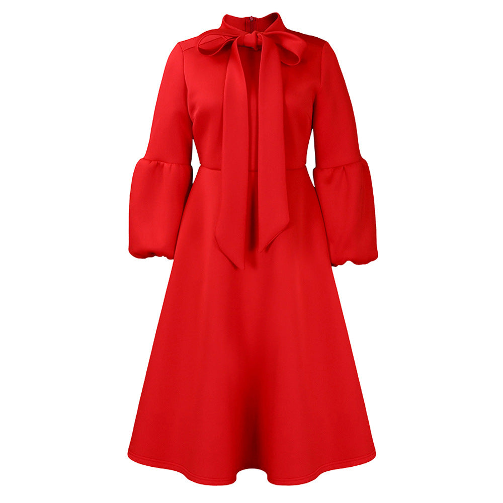 Damen Midi-Kleid Länge Knie, lange Puffärmel, elegante Schleife