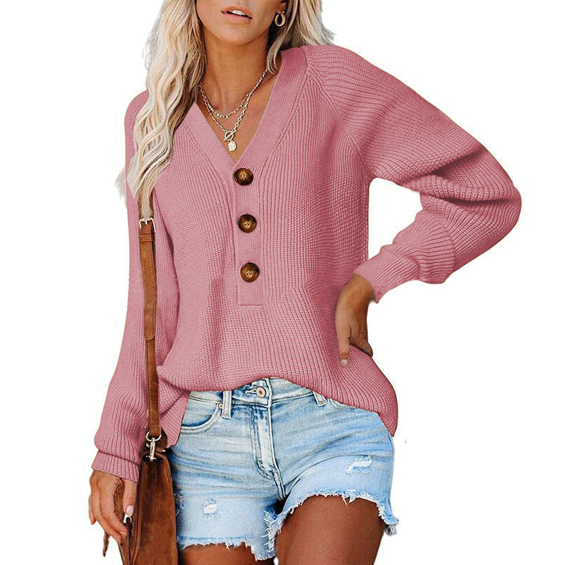 Damen Pullover V-Ausschnitt Holzknöpfe Eveloria