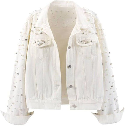 Damen Denimjacke Perlenverzierungen Blau Eveloria