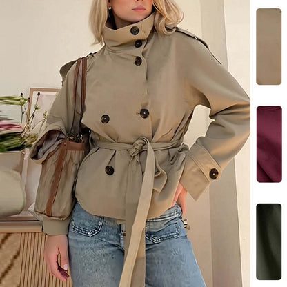 Damen Langjacke mit hohem Kragen und Gürtel Schwarz Eveloria - Eveloria