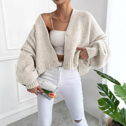 Damen Grobstrickcardigan Lässig Knöpfe Voluminöse Ärmel Beige - Eveloria