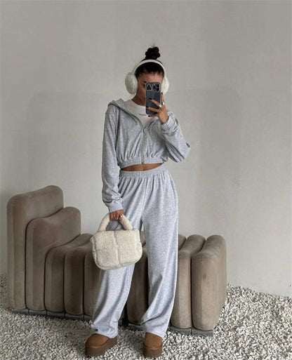 Damen Velours Freizeit-Set mit Kapuze Elastisch Anthrazit