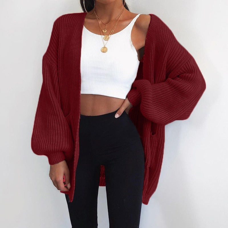 Damen Grobstrick Cardigan Oversized Ärmel Praktische Taschen