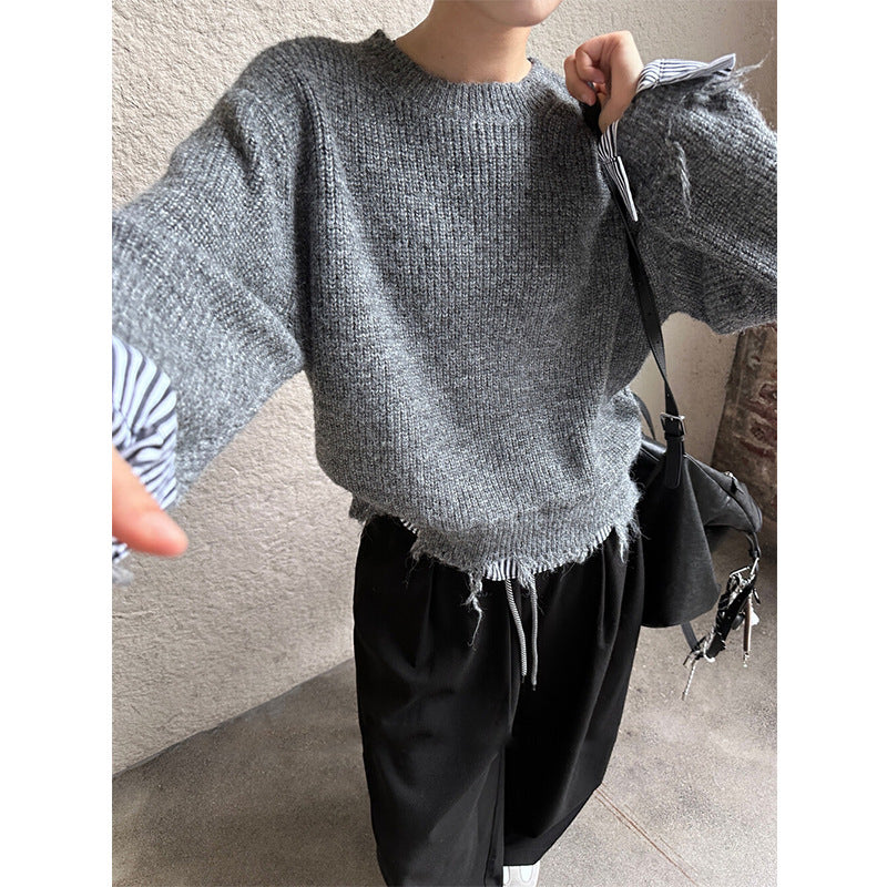 Damen Grobstrickpullover Lässig Ausgefranst Eveloria