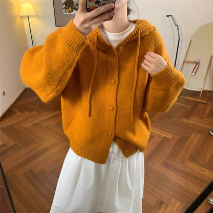 Damen Oversized Cardigan mit Kapuze und Knöpfen Kuschelig Grau