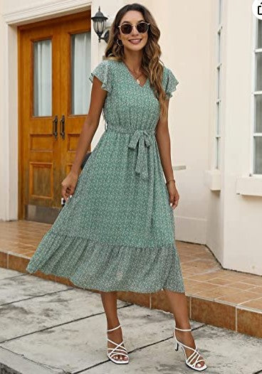 Damen Midi-Kleid Floralmuster Taillengürtel