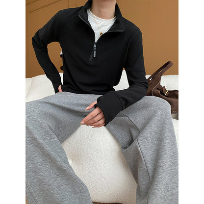Damen Langärmeliger Pullover Quarter-Zip Elastisch Schwarz Eveloria - Eveloria