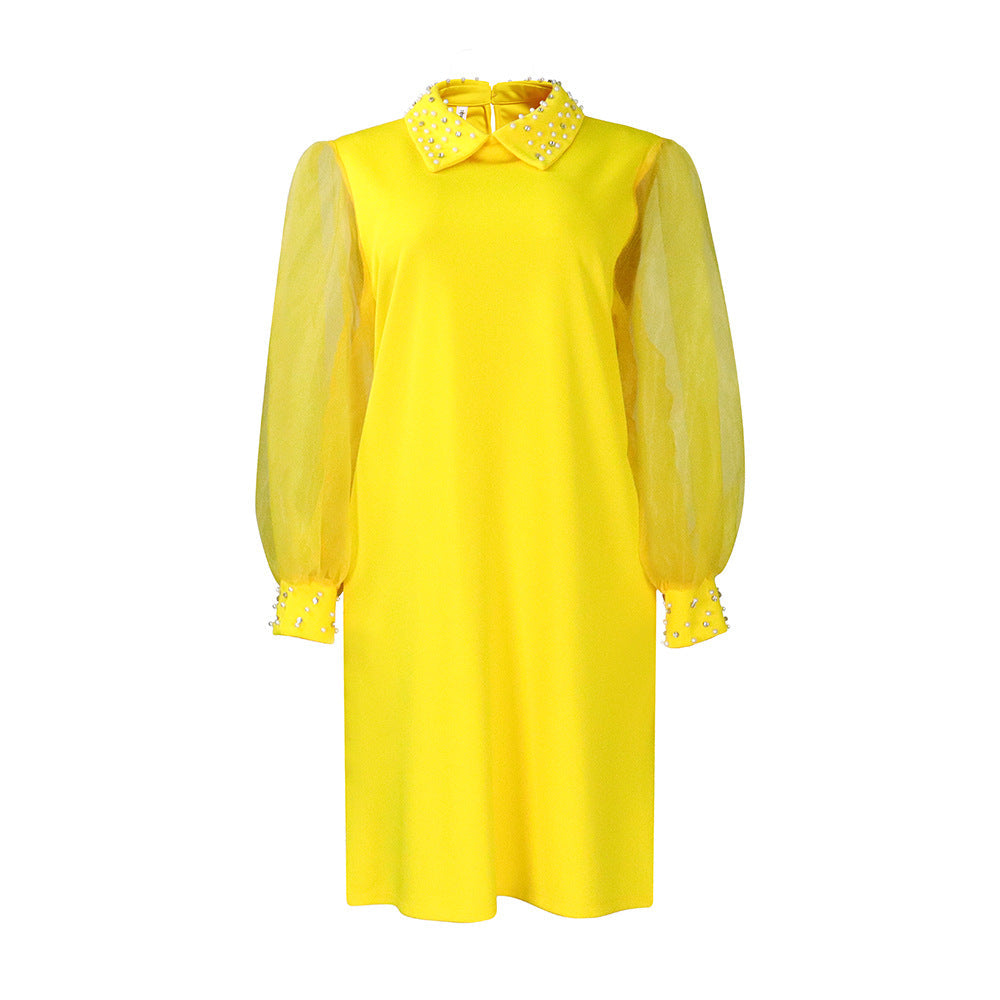 Damen Kleid mit Tüllärmeln und verziertem Kragen