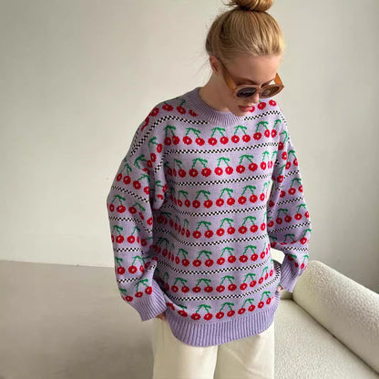 Damen Strickpullover Kirschmotiv Eveloria