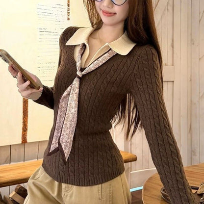 Damen Strickpullover mit Hemdkragen und Krawatte Eveloria