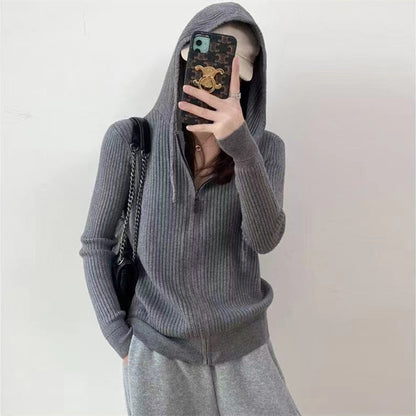 Damen Strickjacke Kapuze Reißverschluss Eveloria
